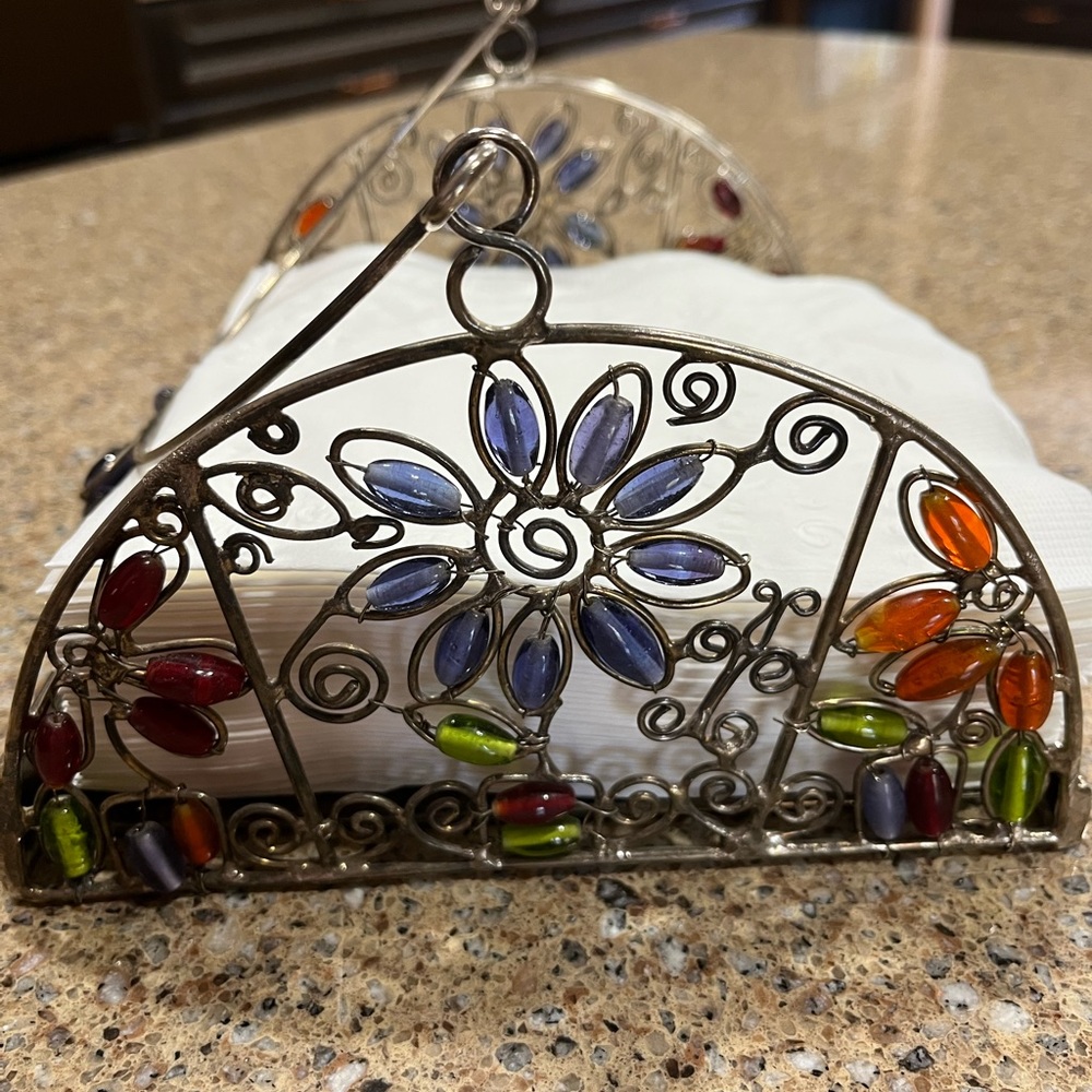 Vintage Glass Like Beaded Silver Napkin Holder with Beaded Handle - Picture 5 of 16